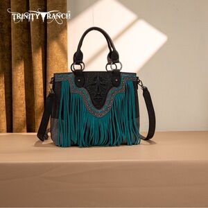 Trinity Ranch Floral Tooled Fringe Tote/Crossbody Black NWT